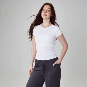 Solid Yoga Top Short Sleeve Gym Tops Print Sports White T-Shirt Compression Slim Fit Knitted Fabric