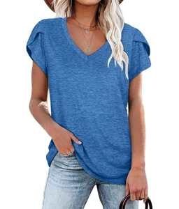 2025 New Women's Sexy Club T-Shirts Short Sleeve V-Neck Casual Tops With Petal Sleeve Summer Print Clothing