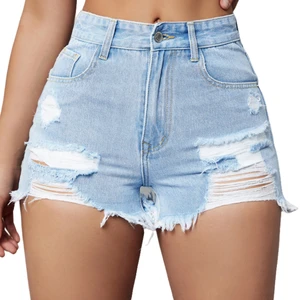 Women's Casual Mid Waist Denim Shorts with Regular Fit and Straight Leg Ripped Jeans Design