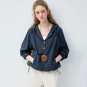 VEGA CHANG Women's New Spring & Autumn Layered Shirt Navy Plaid Hooded Cardigan Top