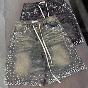 EIDEO OEM ODM Custom Vintage Men's Denim Cargo Shorts High Quality Streetwear Crystal Acid Distressed Rhinestone Denim Shorts