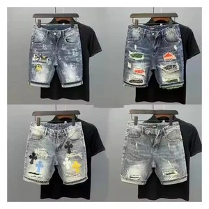 Men's Quality Mid Waist Jeans Shorts Cotton Straight Gray Low Price Stock Front Zipper Multi-pockets Good Quality Patch Design