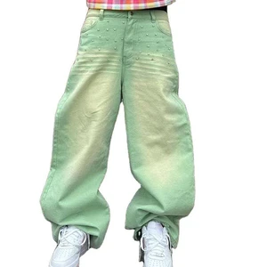 Men's High Waist Harem Jeans Plus Size Loose Fit Bleach Stone Wash Green Cotton Pants With Pearl Decoration Casual Style