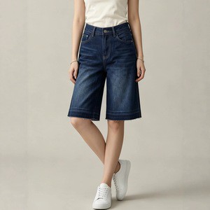 US-Europe Cross-border American-style Medium Washed High Loose Straight-leg Womens Cropped Denim Shorts Summer