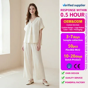 Summer Women Lined Blend Two-piece Set V-Neck Top and Wide Leg Pants Loose Home Casual Matching Outfit