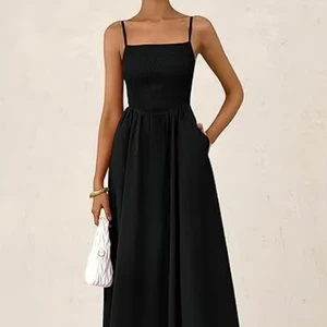 Women's Slim Shoulder Strap Pleated Vest with Camisole Pocket Dress