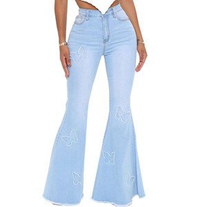 Women Butterfly Floral Embroidered Flare Bell Bottom Jeans High Waist Snow Wash Enzyme Stonewash Spandex OEM Wholesale