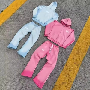 Customized Vintage Jogging Suit Zip Hooded Sweatshirt and Straight Flared Pants Acid Wash Two Piece Hipster Suit