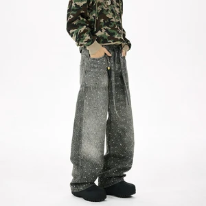 Men's Jeans Custom Black Gray Starry Dot Denim Trousers Distressed Straight Fit Trendy Streetwear Casual Pants