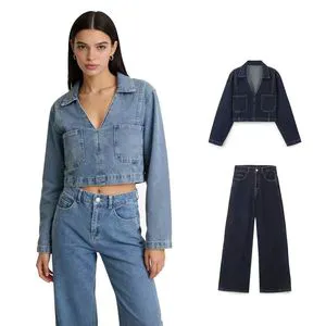 Hot Sale Women's Solid Casual Denim Sets with Turn-Down Collar V-Neck Long Sleeves Pockets Loose Straight Pants