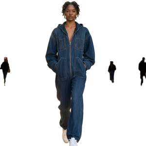 Women's Denim Overalls Hooded Zipper Front Loose Fit Solid Color Casual Jumpsuit Autumn Style Medium Wash