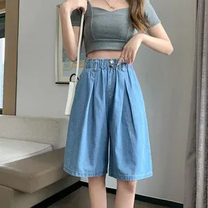 Casual Loose Plus Size Denim Shorts Woman Summer Wide Leg Short Pants Bermuda Femme Knee Shorts Women