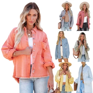 New Fashion Women White Denim Jacket Long Sleeve Double Pocket Casual Coat Contrast Shirts Shacket