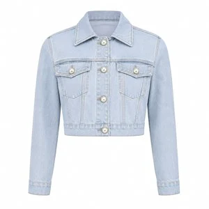 Hot Selling Women's Crop Ripped Long Sleeve Denim Jacket Light Blue Jeans with Button Decoration for Spring Winter Summer