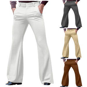 Men's Casual Solid-Color Stretch Slim-Fit High Waist Side-Slash Pocket Canvas Lightweight Button Fly Fashion Bell-Bottom Pants