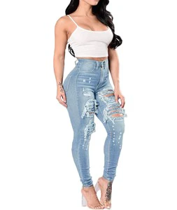 Women High Waist Straight Stacked Jeans Ripped Enzyme Stonewash Sand Bleach Moustache Effect Spandex OEM Wholesale