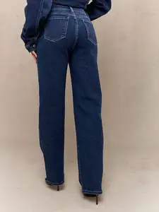 Custom Washed Blue High Waist Women's Jeans Casual Hot Sale Wide Leg Jeans