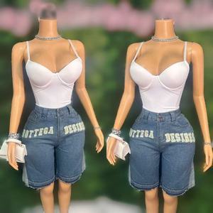 Peeqi Fashion Autumn Casual Women's Denim Outfit Sleeveless Bodysuit and Jeans Shorts Two Piece Suit Plus Size Denim Set Women