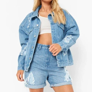 Top Selling Custom Made Women's Vintage Summer Denim 2-Piece Casual Shorts Set Solid Pattern Eco-Friendly Daily Wear