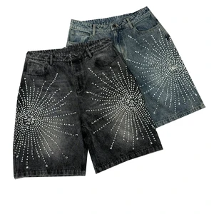 Men's Mid Baggy Streetwear Hip Hop Style Denim Shorts Distressed Vintage Acid Wash Rhinestone High Quality Denim Short