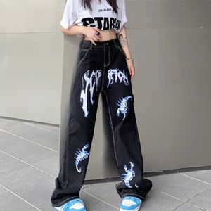 Top Selling Men's Vintage Black Washed Straight Long Jeans High Waist Light Wash Denim With Stacked Street Print