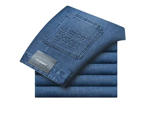 High Quality Raised Embossing Print logo Male Jeans Pants Blue Stretch Straight Leg Plus Size Casual Business Mens Denim Jeans