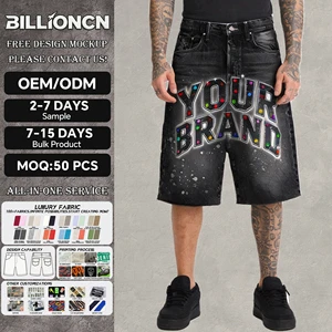Men's Denim Shorts Customized Extra Large Vintage Black Mid Waisted Rhinestone-acid Washed Loose Fit Casual for Men