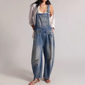 New Arrival Casual Summer Dungarees With Pocket Women's Denim Overalls Loose Fit Distressed Wash Mid Waist Cotton Jumpsuit