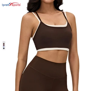 Color Block Binding Sports Bra Double Straps Yoga Top with Removable Pads Breathable for Pilates Gym Workout