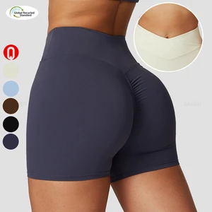 Wholesale Eco-friendly Recycled Fabric Fitness Cross Waist Compression Sports Shorts Woman Push Up Workout Yoga Shorts For Women