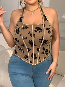 Glory Plus-size women's clothing: sexy brown vintage print halter neck camisole top, new trendy tank top