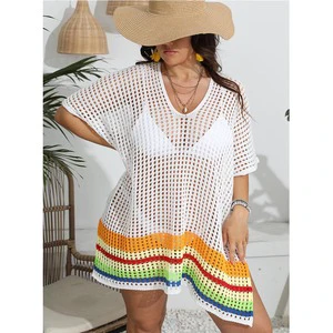 Factory 5 Colors Beach Cover Ups for Women Stripped Beachwear Split Knit Swimwear Summer Hollow-out Plus Size Beach Dress