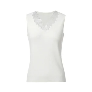 White Ribbed Knit Tank Top Women Lace Rhinestone Scallop V Neck Sleeveless Slim Layering Camisole Vest