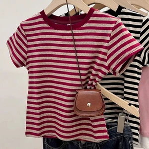 Trendy Plus Size Casual Cotton Women's T-Shirts Summer Wholesale Striped Short Sleeve Women T-Shirt
