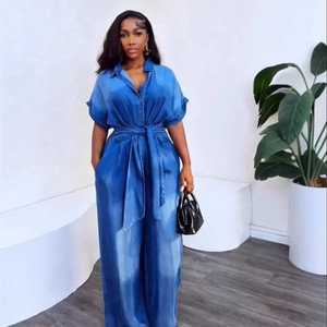 Sexy One Piece Turn Down Collar Full Sleeve Tight Waist Overalls Wide Leg Long Pants Rompers Autumn Women Denim Jumpsuits