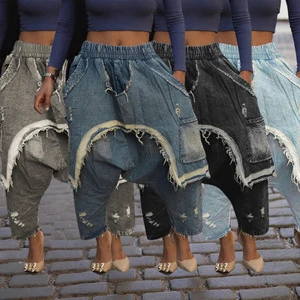 CN391378 Cross-Border Women's Vintage Personality Trendy Distressed Brushed Denim Jeans Fashion Regular Boot Cut Pants