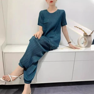 Printed Denim Striped Pleated Three-quarter Sleeve Full-Length Summer Women's Suit Top + Pants Comfortable Casual Niche Design