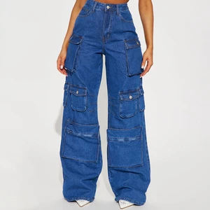 Custom Women's High Street Mid Waist Regular Fit Solid Breathable 100% Cotton Denim Cargo Jeans with Pocket