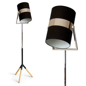 Black Hole Contemporary Office Floor Lamp Beech Wood Tripod Black Fabric Shade Chrome Metal Head E27 Base Adjustable Height