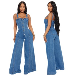 New Fall Casual Stretch Wide Leg Denim Jumpsuit Denim Overalls Women Denim Jeans