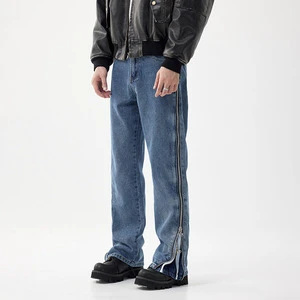 Men's New Low Waist Denim Zipper Jeans Straight High Street Blue Dark Washed Casual Pants Autumn Leg-Lengthening Brand Trousers