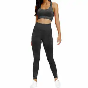 Solid Gray Yoga Set 2 Piece High Waist Leggings Crop Top Racerback Seamless Breathable Activewear Women's Fitness Wear womens