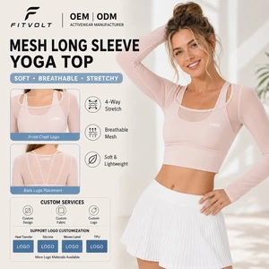 FITVOLT Seamless Net Fabric Faux Two-Piece Yoga Top with Built-in Cups Front Logo Women's Sports Top Pilates Fitness Training