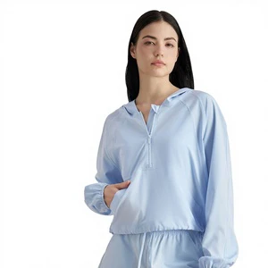 CY Solid Sun-Protective Loose Running Jacket Women's Breathable Pocketed Sports Top Long-Sleeved Half-Zip Drawstring