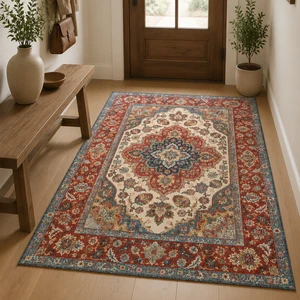 OEM ODM Custom Printed Washable Oriental Floral Rug Vintage Medallion Polyester Non Slip Living Room Floor Mat Home Decor