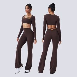 Women Color Block Brushed Yoga Set Hollow Out Slim Long Sleeve Yoga Outfit High Waist Flare Pants Running Fitness Workout Suit