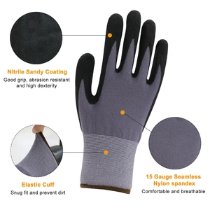 15 GaugeNylon Spandex Seamless Liner Electronics Automotive Assembly Oil Abrasion Resistant 15G Nitrile Sandy Coated Gloves