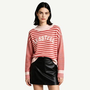 LTD-MTL1025 Mock Neck Long Sleeve T Shirt Striped Pullover Front Applique Logo Relaxed Fit Women Private Label Apparel
