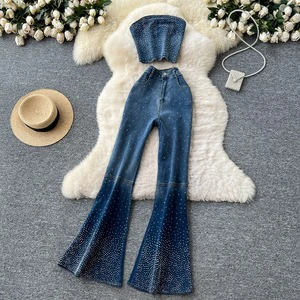 Sequined Ladies' Denim Suit Sleeveless Racerback Top & High-Waisted Flared Pants Fashionable Women's Denim Sets