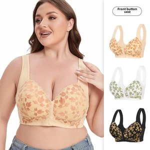 A-G Cup Plus Size Bra 36-52 Wireless Vest Style with Gold Edge Lace Front Closure European American Cross-Border Push-up Feature